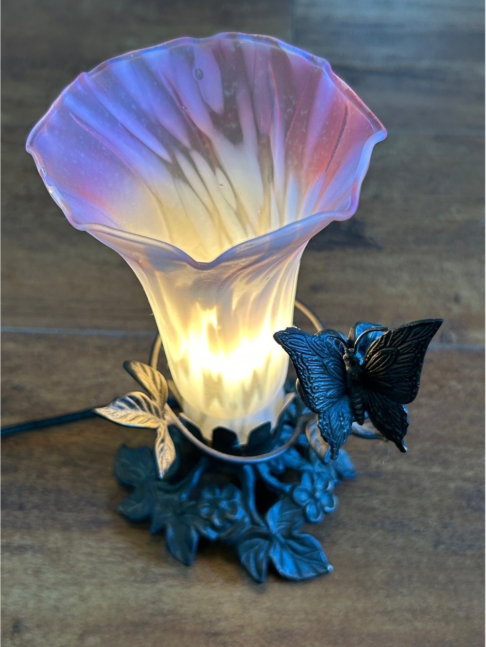 Andrea by Sadek Vintage Butterfly Table Lamp with Pink Glass Shade